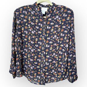 Vintage Carry Back Blue Floral button-down collared Shirt Size 14 100% polyester
